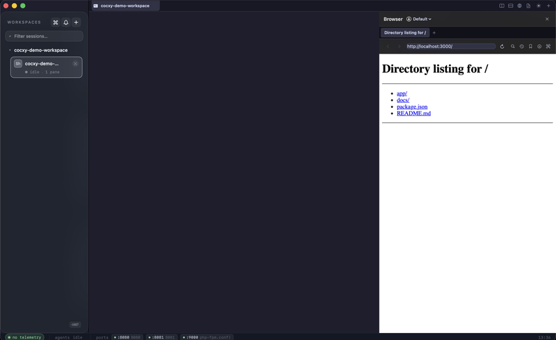 Cocxy browser panel open next to terminal panes with a local demo server