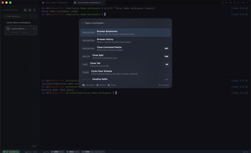 Cocxy command palette listing searchable actions and keyboard shortcuts