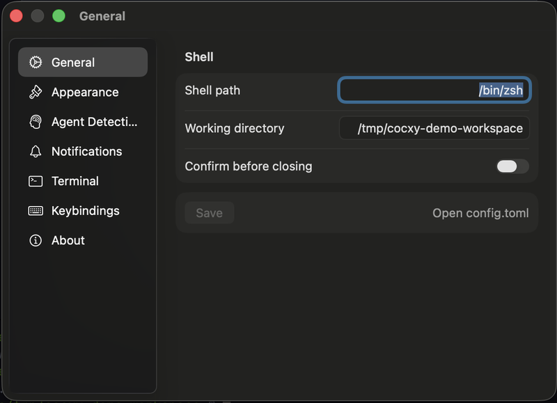 Cocxy Preferences window with shell path, working directory, and sidebar categories