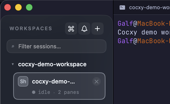 Cocxy Aurora workspace sidebar showing project sessions and tab status