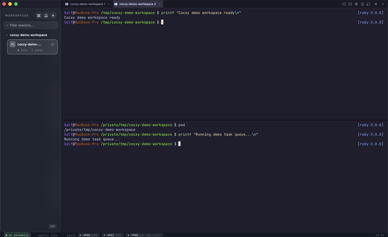 Cocxy split panes showing two terminal sessions in one tab